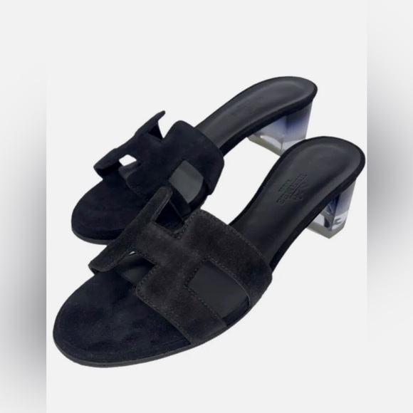 Hermes Oasis Velvet Sandals Black Suede Clear Heel RARE size 6.5 - Picture 9 of 9